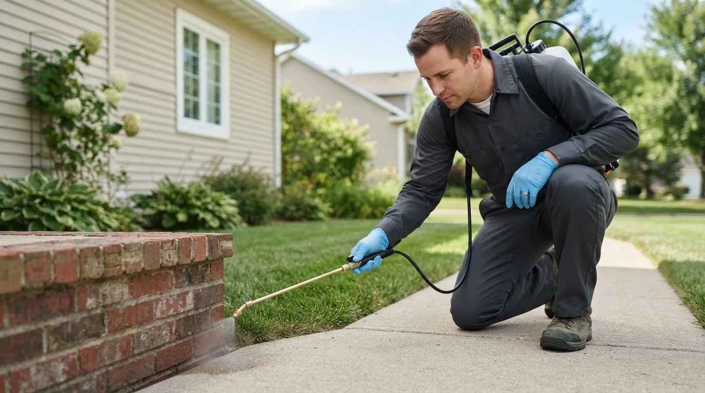 Pest control technician treating a home near Juncos, PR